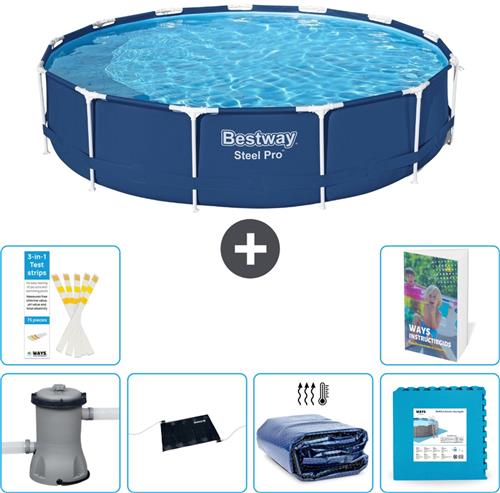 Bestway Rond Steel Pro Zwembad - 396 x 84 cm - Blauw - Inclusief Pomp Solar Mat - Solarzeil - Vloertegels - 7-delig