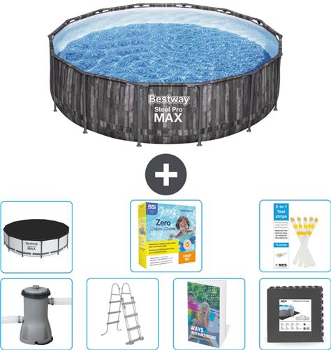 Bestway Rond Steel Pro MAX Zwembad - Houtprint - 427 x 107 cm - Inclusief Pomp - Ladder - Afdekzeil - Onderhoudspakket - Vloertegels - 8-delig