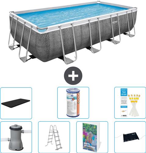 Bestway Rechthoekig Power Steel Zwembad - Rattanprint - 488 x 244 x 122 - Inclusief Pomp - Ladder - Afdekzeil - Filter - Solar Mat - 8-delig