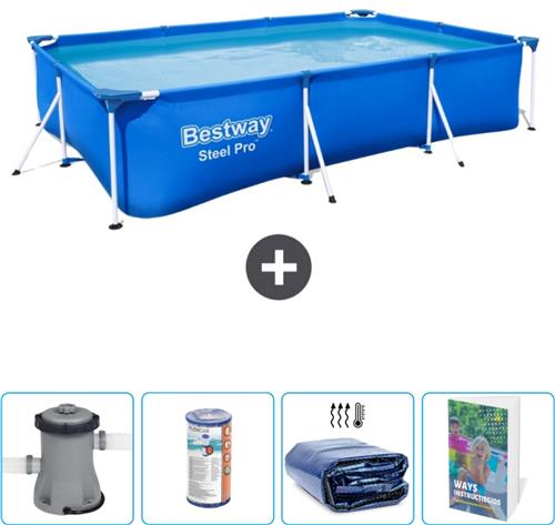 Bestway Rechthoekig Steel Pro Zwembad - 300 x 201 x 66 cm - Blauw - Inclusief Pomp - Filter - Solarzeil - Zwembadgids