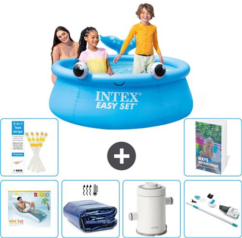 Intex Rond Opblaasbaar Easy Set Zwembad - 183 x 51 cm - Blauw - Walvis - Inclusief Loungebed - Solarzeil - Zwembadfilterpomp - Stofzuiger - 7-delig
