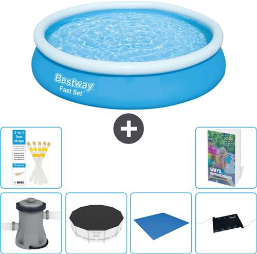 Bestway Rond Opblaasbaar Fast Set Zwembad - 366 x 76 cm - Blauw - Inclusief Pomp Afdekzeil - Grondzeil - Solar Mat - 7-delig