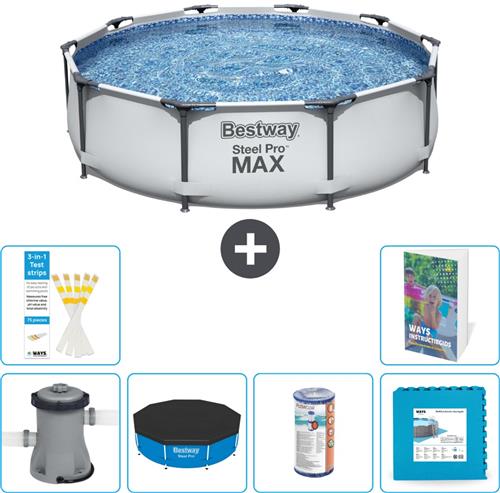 Bestway Rond Steel Pro MAX Zwembad - 305 x 76 cm - Grijs - Inclusief Pomp Afdekzeil - Filter - Vloertegels - 7-delig