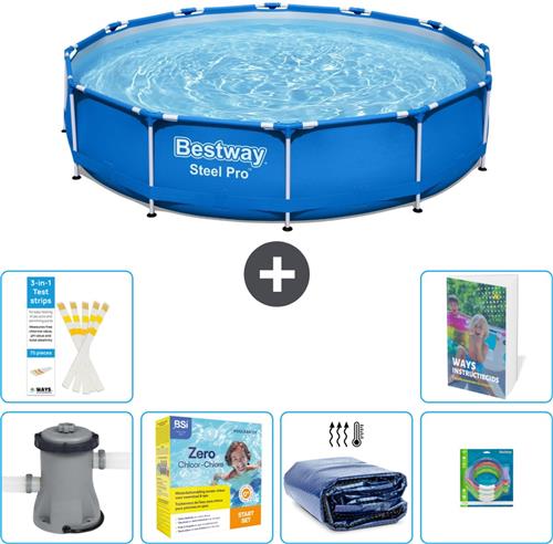 Bestway Rond Steel Pro Zwembad - 366 x 76 cm - Blauw - Inclusief Pomp Onderhoudspakket - Solarzeil - Speelgoed - 7-delig