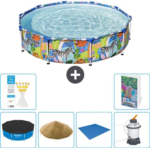 Bestway Rond Steel Pro Zwembad - 305 x 66 cm - Jungleprint - Inclusief Afdekzeil - Filterzand - Grondzeil - Zwembadfilterpomp - 7-delig