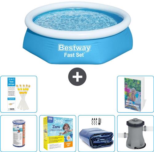 Bestway Rond Opblaasbaar Fast Set Zwembad - 244 x 61 cm - Blauw - Inclusief Filter - Onderhoudspakket - Solarzeil - Zwembadfilterpomp - 7-delig