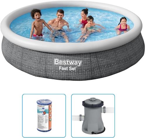 Bestway Fast Set Opblaasbaar zwembad - 366x76 cm - Rattanprint - Rond - Met filterpomp - Zwembad - Filterpomp - Zwembadwater - Zwembad Filter - Zwembad Opzetten
