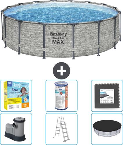 Bestway Rond Steel Pro MAX Zwembad - Steenprint - 488 x 122 cm - Inclusief Pomp - Ladder - Afdekzeil Onderhoudspakket - Filter - Vloertegels