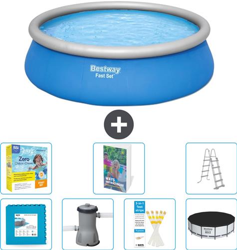 Bestway Rond Opblaasbaar Fast Set Zwembad - 457 x 122 cm - Blauw - Inclusief Pomp - Ladder Afdekzeil - Onderhoudspakket - Vloertegels - 8-delig