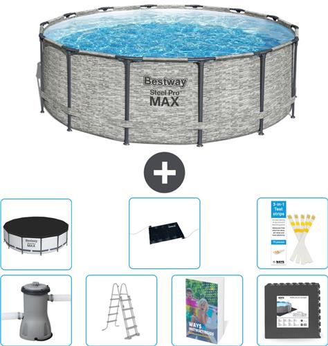 Bestway Rond Steel Pro MAX Zwembad - Steenprint - 427 x 122 cm - Inclusief Pomp - Ladder - Afdekzeil - Solar Mat - Vloertegels - 8-delig