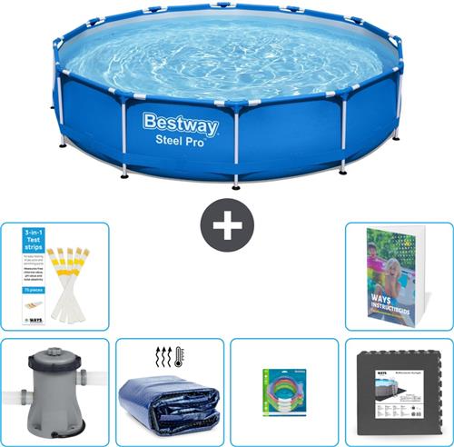 Bestway Rond Steel Pro Zwembad - 366 x 76 cm - Blauw - Inclusief Pomp Solarzeil - Speelgoed - Vloertegels - 7-delig