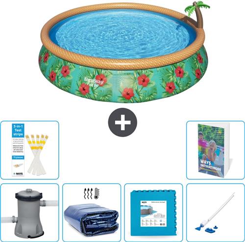 Bestway Rond Opblaasbaar Fast Set Zwembad - Paradijsprint - 457 x 84 cm - Inclusief Pomp Solarzeil - Vloertegels - Stofzuiger - 7-delig