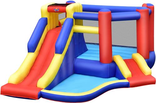 COSTWAY Springkasteel met lange glijbaan, groot springgebied, outdoor springkasteel voor kinderen incl. draagtas, 383 x 313 x 182 cm