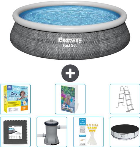 Bestway Rond Opblaasbaar Fast Set Zwembad - Rotanprint - 457 x 107 cm - Inclusief Pomp - Ladder Afdekzeil - Onderhoudspakket - Vloertegels - 8-delig