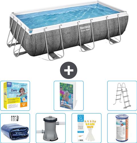 Bestway Rechthoekig Power Steel Zwembad - Rattanprint - 404 x 201 x 100 - Inclusief Pomp - Ladder Filter - Onderhoudspakket - Solarzeil - 8-delig