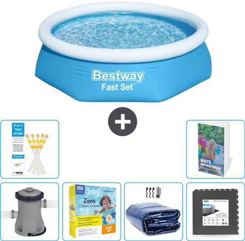 Bestway Rond Opblaasbaar Fast Set Zwembad - 244 x 61 cm - Blauw - Inclusief Pomp Onderhoudspakket - Solarzeil - Vloertegels - 7-delig