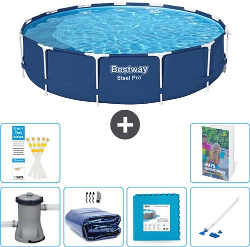 Bestway Rond Steel Pro Zwembad - 396 x 84 cm - Blauw - Inclusief Pomp Solarzeil - Vloertegels - Stofzuiger - 7-delig