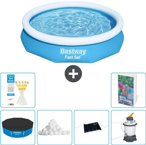 Bestway Rond Opblaasbaar Fast Set Zwembad - 305 x 66 cm - Blauw - Inclusief Afdekzeil - Filterbollen - Solar Mat - Zwembadfilterpomp - 7-delig