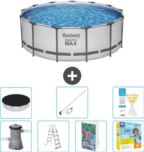 Bestway Rond Steel Pro MAX Zwembad - 396 x 122 cm - Grijs - Inclusief Pomp - Ladder - Afdekzeil - Schoonmaakset - Onderhoudspakket - 8-delig