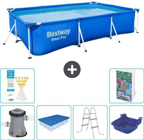 Bestway Rechthoekig Steel Pro Zwembad - 300 x 201 x 66 cm - Blauw - Inclusief Pomp Afdekzeil - Ladder - Voetenbad - 7-delig