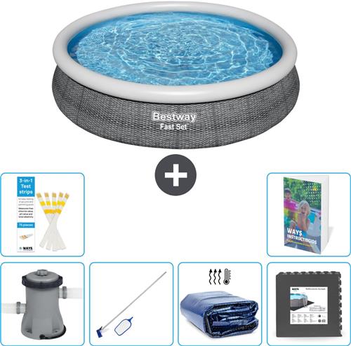 Bestway Rond Opblaasbaar Fast Set Zwembad - Rotanprint - 366 x 76 cm - Inclusief Pomp Schoonmaakset - Solarzeil - Vloertegels - 7-delig
