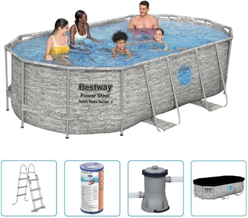 Bestway Power Steel Swim Vista Zwembad - 427x250x100 cm - Steenprint - Ovaal - Met filterpomp + accessoires - Zwembad - Filterpomp - Zwembadtrap - Afdekzeil - Zwembad Opzet