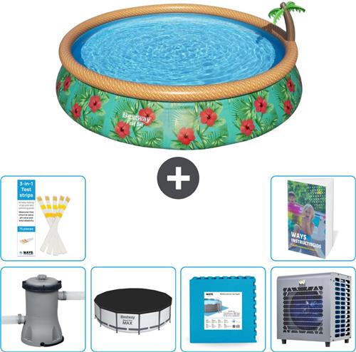 Bestway Rond Opblaasbaar Fast Set Zwembad - Paradijsprint - 457 x 84 cm - Inclusief Pomp Afdekzeil - Vloertegels - Warmtepomp - 7-delig