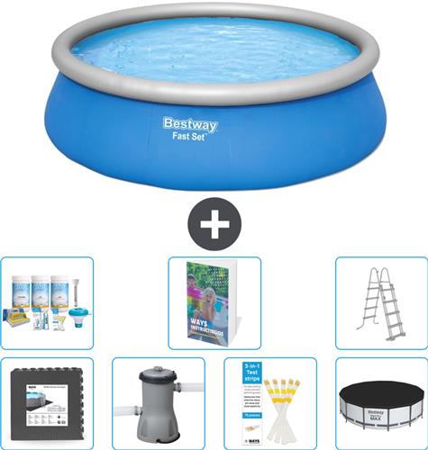 Bestway Rond Opblaasbaar Fast Set Zwembad - 457 x 122 cm - Blauw - Inclusief Pomp - Ladder Afdekzeil - Onderhoudspakket - Vloertegels - 8-delig