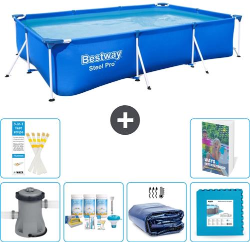 Bestway Rechthoekig Steel Pro Zwembad - 300 x 201 x 66 cm - Blauw - Inclusief Pomp Onderhoudspakket - Solarzeil - Vloertegels - 7-delig