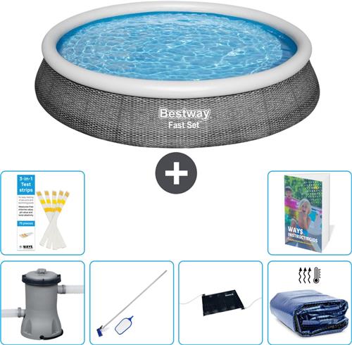 Bestway Rond Opblaasbaar Fast Set Zwembad - Rotanprint - 396 x 84 cm - Inclusief Pomp Schoonmaakset - Solar Mat - Solarzeil - 7-delig