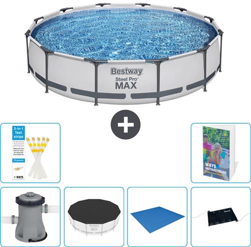 Bestway Rond Steel Pro MAX Zwembad - 366 x 76 cm - Grijs - Inclusief Pomp Afdekzeil - Grondzeil - Solar Mat - 7-delig
