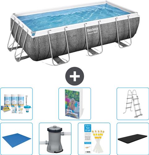 Bestway Rechthoekig Power Steel Zwembad - Rattanprint - 404 x 201 x 100 - Inclusief Pomp - Ladder Afdekzeil - Onderhoudspakket - Grondzeil - 8-delig