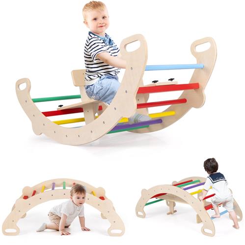 COSTWAY Klimboog, met afneembare zitting, 4-in-1 klimrek voor binnen, om te schommelen, klimmen en kruipen, houten klimdriehoek, boogwip voor kinderen vanaf 1 jaar, zithoogte 23,5 cm (kleurrijk)