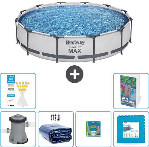 Bestway Rond Steel Pro MAX Zwembad - 366 x 76 cm - Grijs - Inclusief Pomp Solarzeil - Speelgoed - Vloertegels - 7-delig