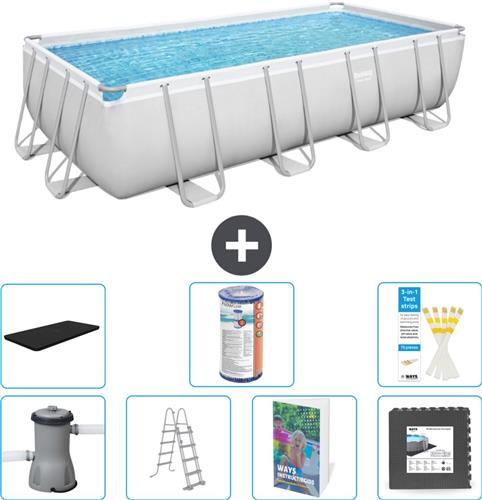 Bestway Rechthoekig Power Steel Zwembad - 488 x 244 x 122 - Grijs Inclusief Pomp - Ladder - Afdekzeil - Filter - Vloertegels - 8-delig