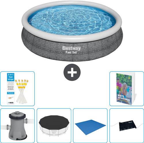 Bestway Rond Opblaasbaar Fast Set Zwembad - Rotanprint - 366 x 76 cm - Inclusief Pomp Afdekzeil - Grondzeil - Solar Mat - 7-delig