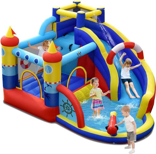 COSTWAY Opblaasbaar springkasteel, 6-in-1 waterpark met glijbaan, kinderbadje en waterkanon, outdoor bouncer springkasteel springkasteel voor kinderen, tuin, 360 x 290 x 200 cm