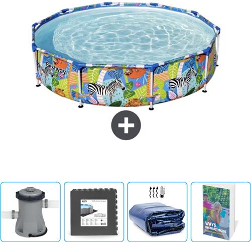 Bestway Rond Steel Pro Zwembad - 305 x 66 cm - Jungleprint - Inclusief Pomp - Vloertegels - Solarzeil - Zwembadgids