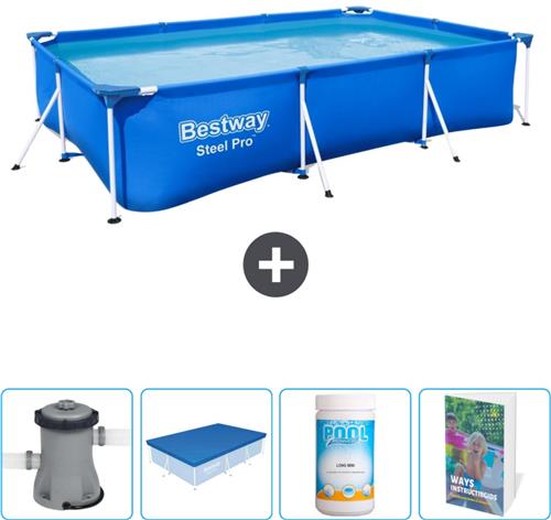 Bestway Rechthoekig Steel Pro Zwembad - 300 x 201 x 66 cm - Blauw - Inclusief Pomp Afdekzeil - Chloor - Zwembadgids