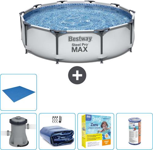 Bestway Rond Steel Pro MAX Zwembad - 305 x 76 cm - Grijs - Inclusief Pomp Solarzeil - Onderhoudspakket - Filter - Grondzeil