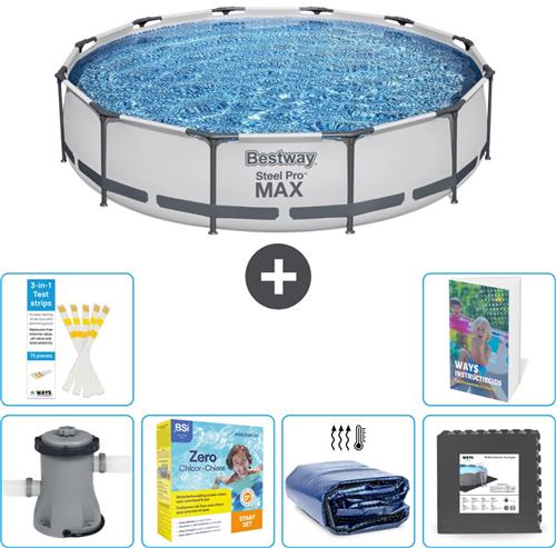 Bestway Rond Steel Pro MAX Zwembad - 366 x 76 cm - Grijs - Inclusief Pomp Onderhoudspakket - Solarzeil - Vloertegels - 7-delig