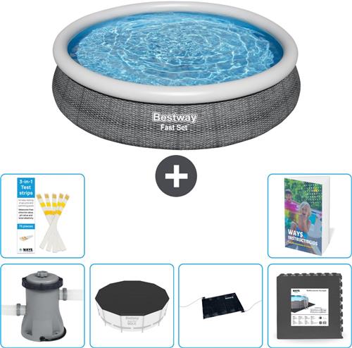 Bestway Rond Opblaasbaar Fast Set Zwembad - Rotanprint - 366 x 76 cm - Inclusief Pomp Afdekzeil - Solar Mat - Vloertegels - 7-delig