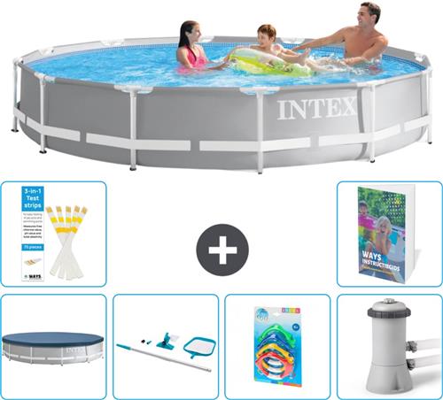Intex Rond Prism Frame Zwembad - 366 x 76 cm - Grijs - Inclusief Afdekzeil - Schoonmaakset - Speelgoed - Zwembadfilterpomp - 7-delig