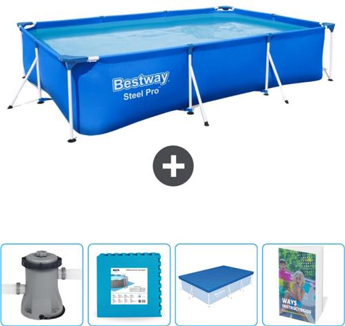 Bestway Rechthoekig Steel Pro Zwembad - 300 x 201 x 66 cm - Blauw - Inclusief Pomp - Vloertegels - Afdekzeil - Zwembadgids