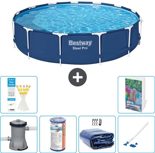 Bestway Rond Steel Pro Zwembad - 396 x 84 cm - Blauw - Inclusief Pomp Filter - Solarzeil - Stofzuiger - 7-delig
