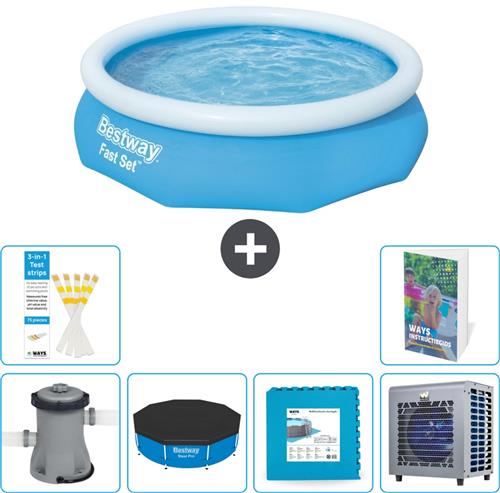 Bestway Rond Opblaasbaar Fast Set Zwembad - 305 x 76 cm - Blauw - Inclusief Pomp Afdekzeil - Vloertegels - Warmtepomp - 7-delig
