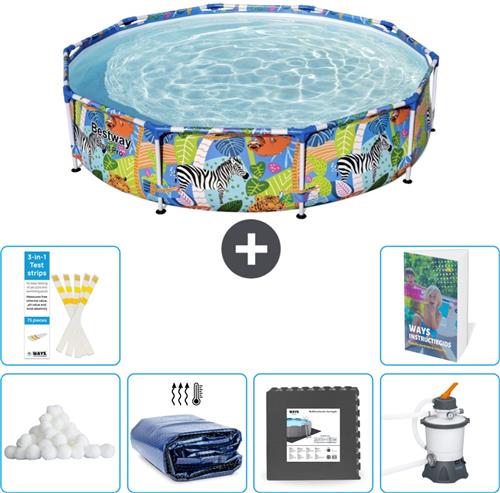 Bestway Rond Steel Pro Zwembad - 305 x 66 cm - Jungleprint - Inclusief Filterbollen - Solarzeil - Vloertegels - Zwembadfilterpomp - 7-delig