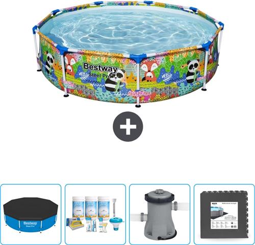 Bestway Rond Steel Pro Zwembad - 274 x 66 cm - Dierenprint - Inclusief Afdekzeil - Onderhoudspakket - Pomp - Vloertegels