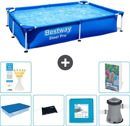 Bestway Rechthoekig Steel Pro Zwembad - 221 x 150 x 43 cm - Blauw - Inclusief Afdekzeil - Solar Mat - Vloertegels - Zwembadfilterpomp - 7-delig