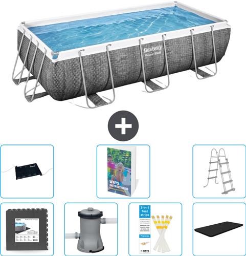 Bestway Rechthoekig Power Steel Zwembad - Rattanprint - 404 x 201 x 100 - Inclusief Pomp - Ladder Afdekzeil - Solar Mat - Vloertegels - 8-delig
